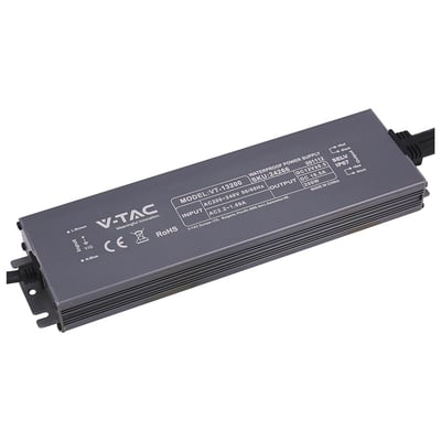 V-TAC 200 W strømforsyning til LED-strips med 12 V DC, 16,6 A og et mørkt, aflangt metalhus.