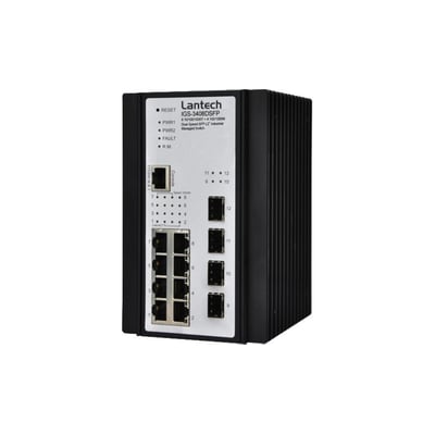 Lantech IGS-3408DSFP industriel managed switch med 8x100/1000T og 4xSFP porte, sort metalhus med tydelige indikatorer og portmærkater.