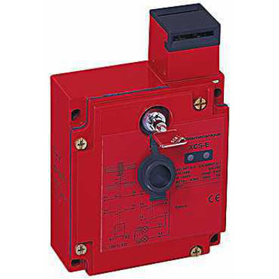 Schneider Electric sikkerhedsendestop med elektrisk lås, model XCS-B, 230V, 1NO+2NC kontakter og robust metalkonstruktion.