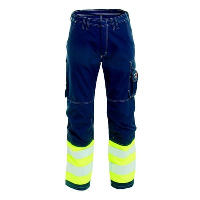 Tranemo Workwear Hi-Vis arbejdsbuks i mørkeblå med gule og sølvfarvede reflekser nederst på benene.