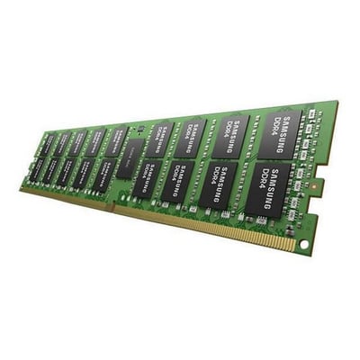 Samsung DDR4 ECC-hukommelsesmodul på 32 GB og 2666 MHz med grøn printplade og sorte chips, vist skråt fra oven.