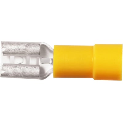 Elpress isoleret spademuffe i gul, til 4-6mm² Cu-ledere og 6,3x0,8mm spadestik, vist på hvid baggrund.