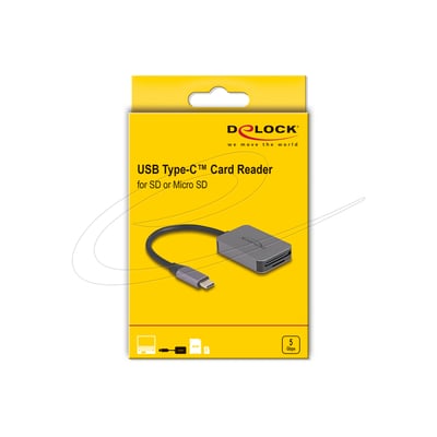Emballagen til DeLock-kortlæseren viser USB-C-kortlæseren til SD- og Micro-SD-kort med aluminiumskabinet.