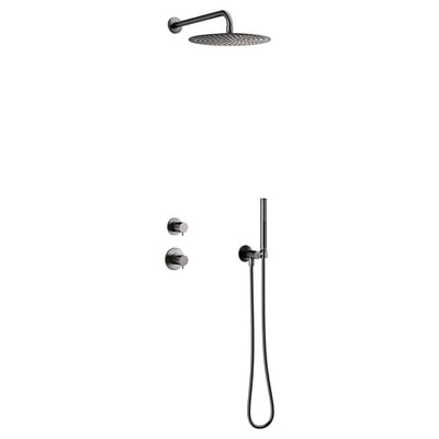 Damixa Iris termostatbatteri i børstet grafit grå med 2-grebs indbygning, rund hovedbruser og stick håndbruser.