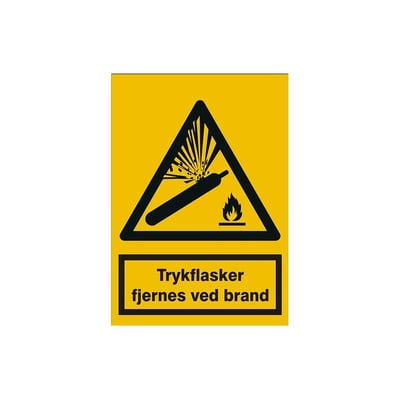Gult advarselsskilt af vinyl i A6 format med symbol for trykflaske der eksploderer og flammer.