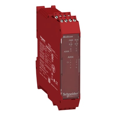 Schneider Electric Modicon XPSMCMAI0400 udvidelsesmodul med 4 analoge indgange til 0-20mA eller 0-10V, med skrueklemmer og tydelig mærkning for adresse og kanaler.