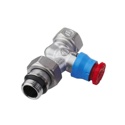 Giacomini ligeløbende radiatorventil 1/2'' til gulvvarmeshunt med blå kobling og rød justeringsknap.