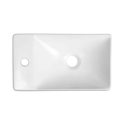 Firkantet håndvask i mat hvid keramik, 38x22x10 cm, med hanehul til venstre og bundventil til højre.