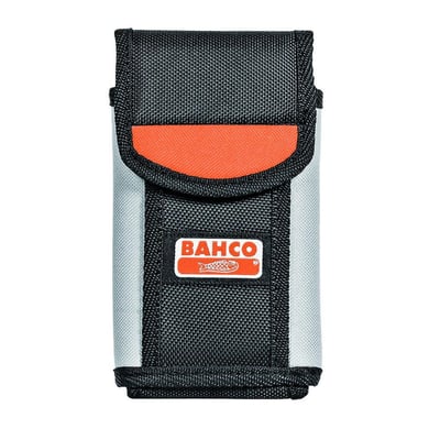 Bahco vertikal mobiltelefonholder 4750-VMPH-1 vist forfra med lukket klap, sort og orange detaljer og tydelig Bahco logo.