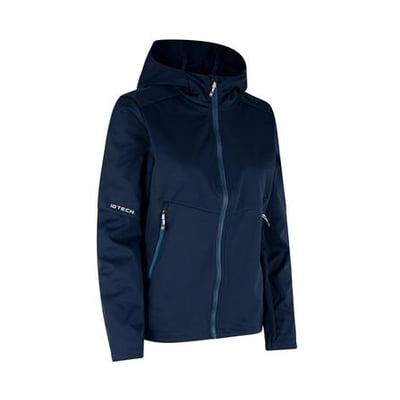 Damens navyblå softshell jakke fra ID Identity med lynlås og hætte, i størrelse M, med ID TECH logo på ærmet.
