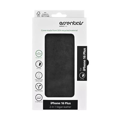 iPhone 16 Plus wallet cover i sort vegansk læder med 3 kortpladser og aftageligt magnetcover, vist på FSC-certificeret emballage.