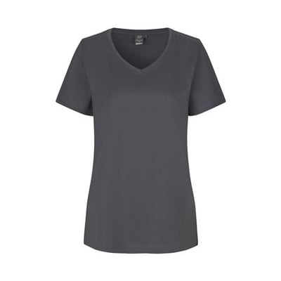 ID Identity Pro Wear Care dame T-shirt med V-hals i mørkegrå, lavet af bomuld og genanvendt polyester.