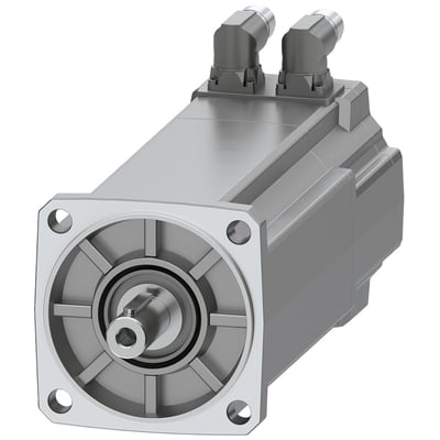 Siemens SIMOTICS S-1FK2 HD servomotor med 8 Nm moment og 2,1 kW effekt, vist på hvid baggrund med monteringsflange og aksel.