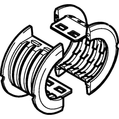 Geberit Mepla indlægsdel til fixpunkt, Ø 32 mm, vist som to dele med riller og monteringsflanger.