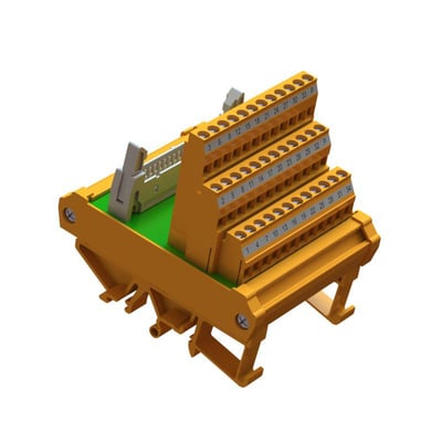 Weidmüller interface-modul med 34 tilslutninger, orange terminalrækker og grøn bund set skråt forfra.