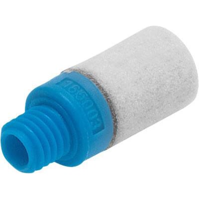 Festo lyddæmper UC-M5 med blå gevindfitting og hvid lyddæmpende ende, fremstillet af plastic.
