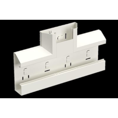 Lauritz Knudsen T-stykke WGX-S TSU 165Vx52 i hvid RAL9010/60, vist fra en let skrå vinkel, der viser dets form og monteringsdetaljer.