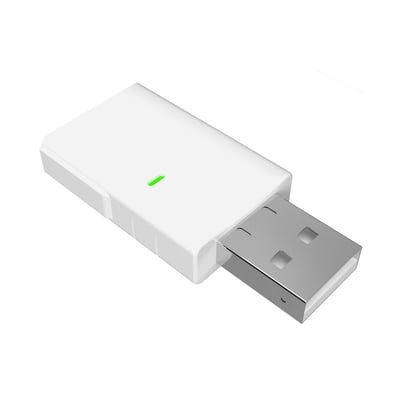 Shelly BLU Gateway Gen3, en hvid Bluetooth-til-Wi-Fi-gateway med USB-A-stik og grøn statusindikator.