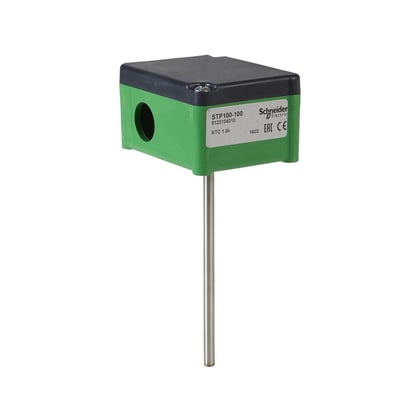 Schneider Electric STP500-100 temperatursensor med 100 mm probe, grønt hus og sort låg, klar til montering i rørsystemer.