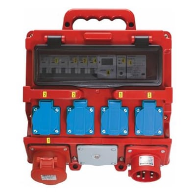 Robust rød belysningstavle med tydeligt mærket gruppe 1, 2 og 3 samt sikringsboks under klart beskyttelseslåg.