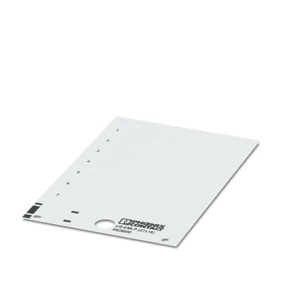 Enkeltsidet visning af Phoenix Contact US-EMLP mærkningsskilt, 27 x 18 mm, hvidt plast med nummerering.