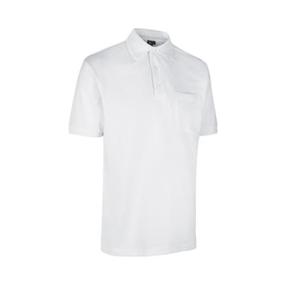 ID Identity Pro Wear poloshirt i hvid, størrelse 4XL, med brystlomme og knaplukning foran.
