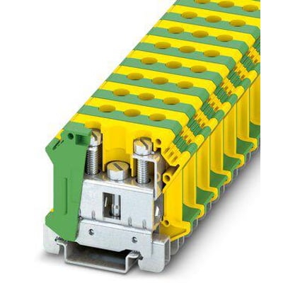 Phoenix Contact installationsjordklemme UTI 35-PE i grøn/gul med skruetilslutning for 0,75-35mm2 kabel på en DIN-skinne.