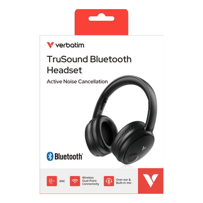 Verbatim TruSound Bluetooth ANC-headset i sort med over-ear-bøjle vist på produktets emballage.