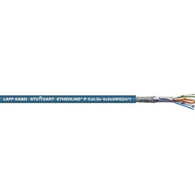 Lapp ETHERLINE H CAT.5e kabel, 4X2XAWG24/1, med afskærmning og farvekodede ledninger, isoleret mod hvid baggrund.
