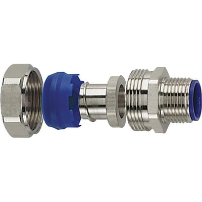 HellermannTyton LTS-FMC metalforskruning i dele, viser en grå møtrik, en blå plastindsats, en sølvfarvet mellemdel og en forskruning med gevind.