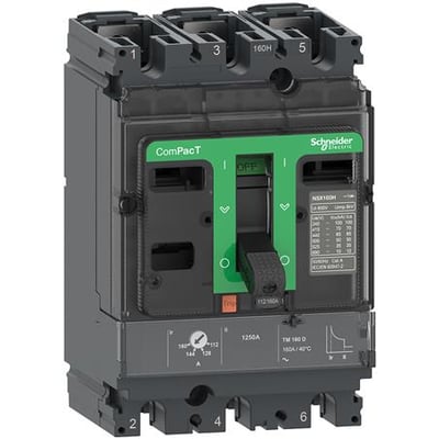 Schneider Electric ComPacT NSX100R Maksimalafbryder med 3 poler og en grøn betjeningsmekanisme, der viser "OFF" og "ON" positioner.