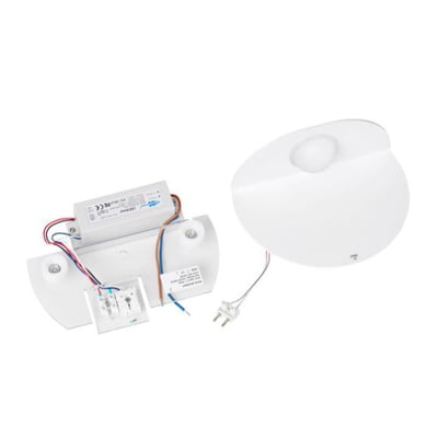 Louis Poulsen Skot LED Upgrade Kit i hvid med rundt armatur og synlige LED-enheder, ledninger og tilslutningsdele.