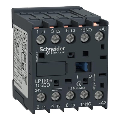 Schneider Electric TeSys K kontaktor 6A, 3-polet med 1NO, 24V DC spole og mærkning LP1K06 105BD.
