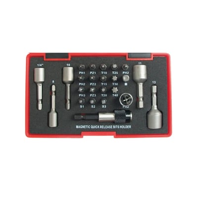 Tecos bitssæt TB024, 1/4", 24 dele, komplet med magnetisk quick release holder og forskellige bits i rød opbevaringsboks.
