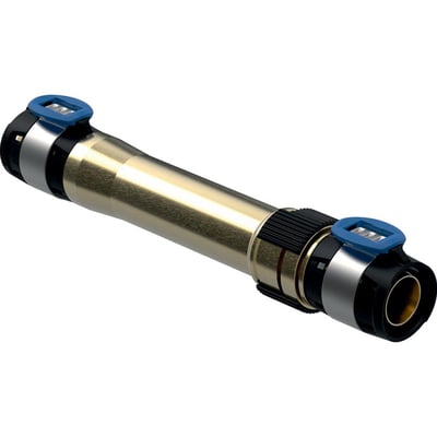 Geberit FLOWFIT reparationskobling 16 mm i blyfri siliciumbronze med blå aktiveringsklips og detaljer.