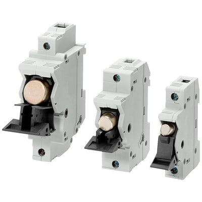 Siemens SITOR sikringsafbryder 22x58mm, 100A, 690VAC, viser tre forskellige størrelser monteret på hvid baggrund.
