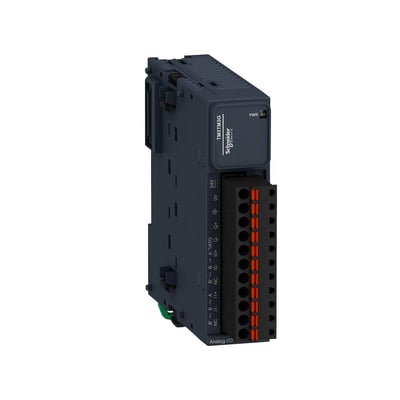 Schneider Electric TM3-modul AI8 (temp, strøm, volt) AO1, FK, med tydelig mærkning af 24V forsyning og analoge I/O-tilslutninger.