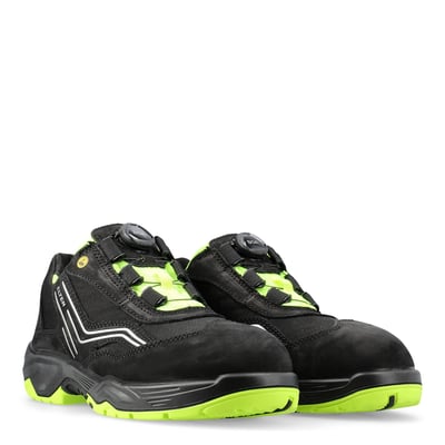 Sika Footwear sikkerhedssko 72752 Ambition BOA Low S2 ESD i sort nubuck og tekstil med limegrønne detaljer og BOA-lukning.