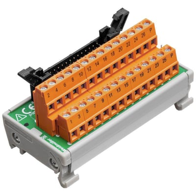 Weidmüller interface-modul med 40 positioner, orange terminalrækker og sort stik i gråt hus, set skråt ovenfra.