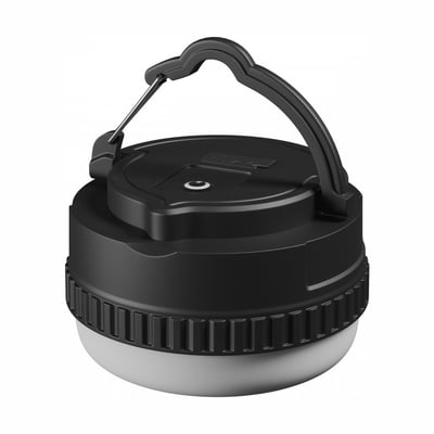 SpectrumLED Lumina Pocket er en sort, bærbar solcellelampe med rund lysflade og praktisk bærehåndtag.