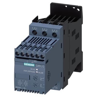 Siemens SIRIUS softstarter, 7.5kW/400V, 24VUC, størrelse S00 med integreret by-pass og skrueterminaler.