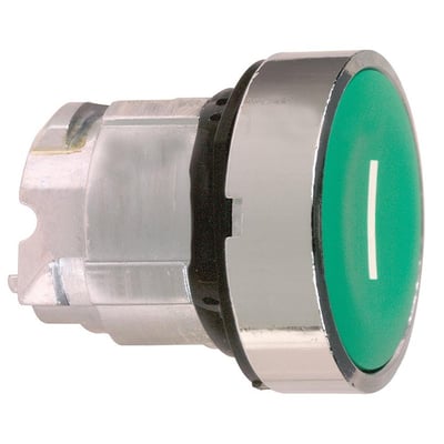 Sidebillede af Schneider Electric Harmony Style 4 grøn trykknap med 'I', der viser monteringsmekanismen og den sorte bagside. Kromkant er tydelig.