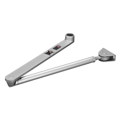 Dormakaba normalarm til automatisk døråbner ED100/ED250, vist i grå metalfarve med lang arm, led og monteringsbeslag.