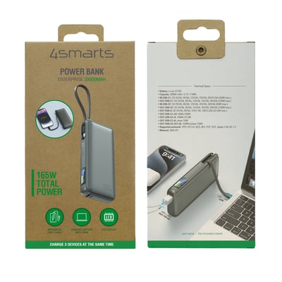 Emballagen til 4smarts Enterprise-powerbank med trykt motiv af powerbanken og oplysninger om kapacitet og effekt.