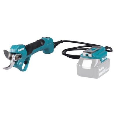 Makita DUP180Z 18V grensaks og tilhørende batteriadapter koblet sammen med kabel, vist på hvid baggrund.