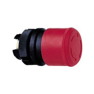 Detaljebillede af et rødt Schneider Electric nødstopshoved med 30mm paddehoved og sort monteringsdel.