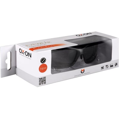 Pakke med OX-ON Speed Plus Comfort sikkerhedsbriller, viser den mørke brille gennem klar emballage og produktets front med logo.