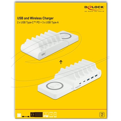 Emballagen viser DeLock USB- og trådløs oplader på 110 W med ladeflade og fem USB-porte.