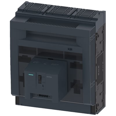 Siemens SENTRON sikringsafbryder 3NP1, 3-polet NH3, 630A, mørkeblå med synlig ON/OFF kontakt og mærkning.