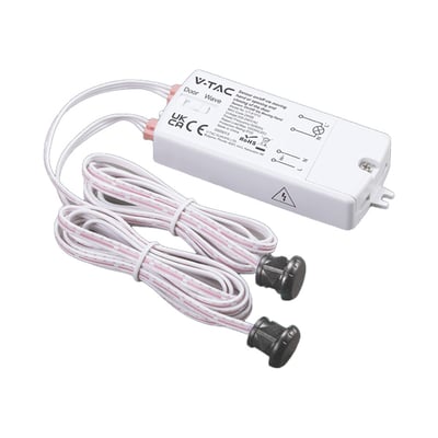 V-TAC 2-i-1 dobbelt IR-sensor med hvid styreboks, to ledninger og sensorer til dør eller håndbevægelse.